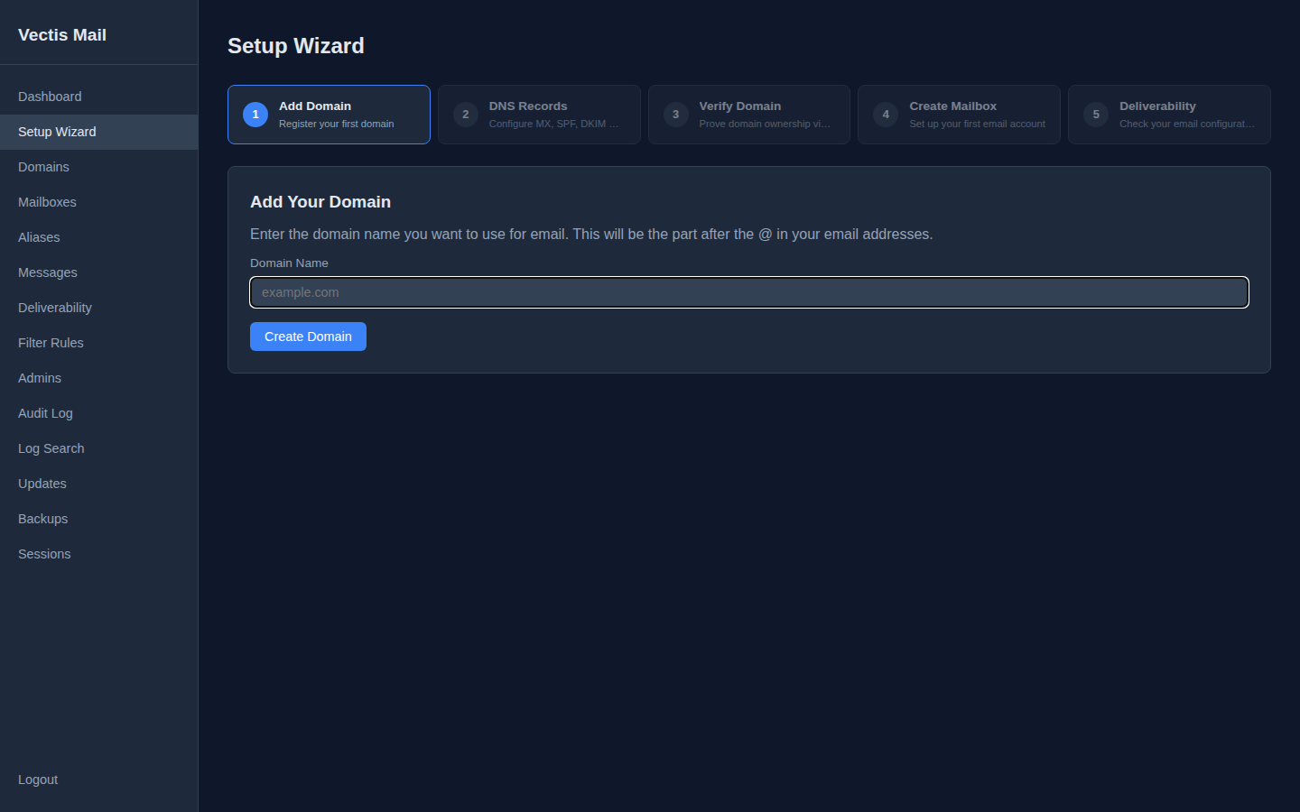Step 1: Add Your Domain form with a blank domain field
