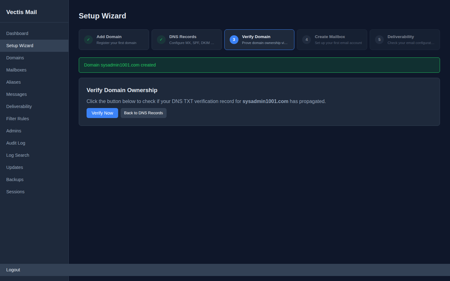 Step 3: Verify Domain Ownership screen with Verify Now button