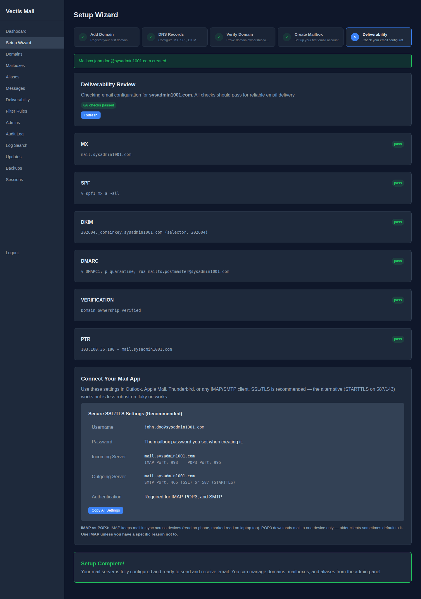 Step 5: Deliverability Review with 6/6 checks passing plus Connect Your Mail App and Setup Complete panels